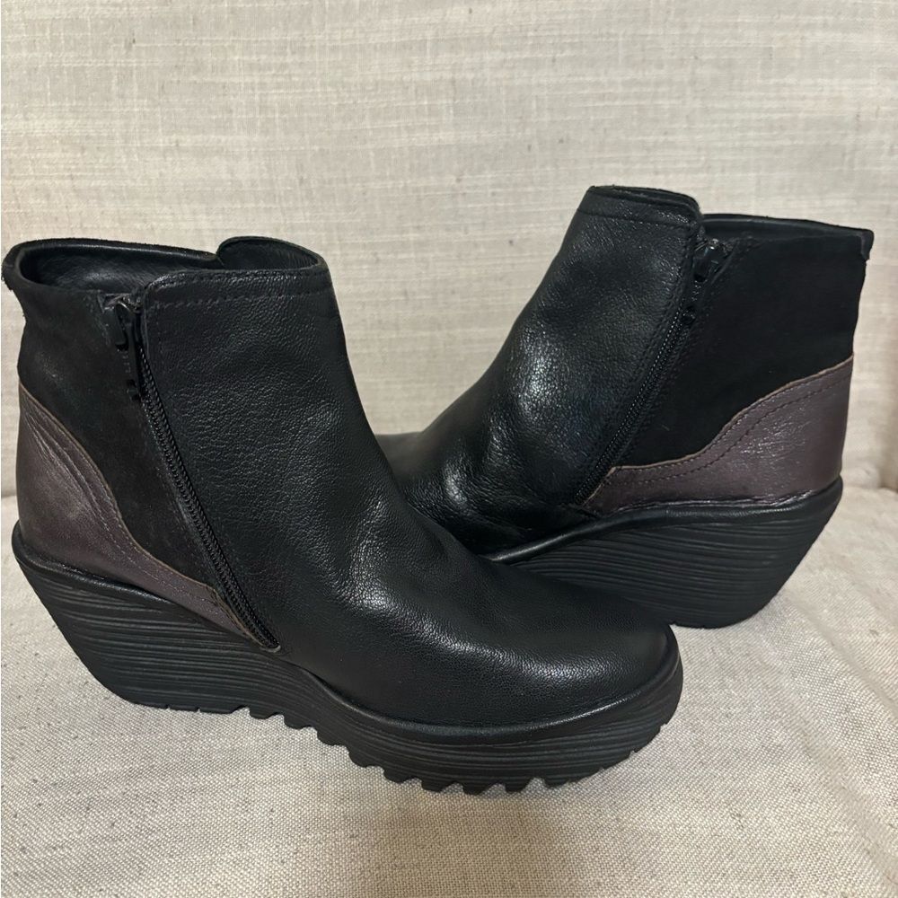 Fly London Black and Brown Wedge Women's Ankle Boot